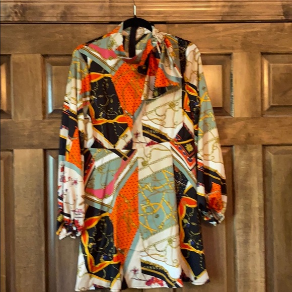 Tie Neck Chain Print Skater Dress - Rust - Picture 1 of 3